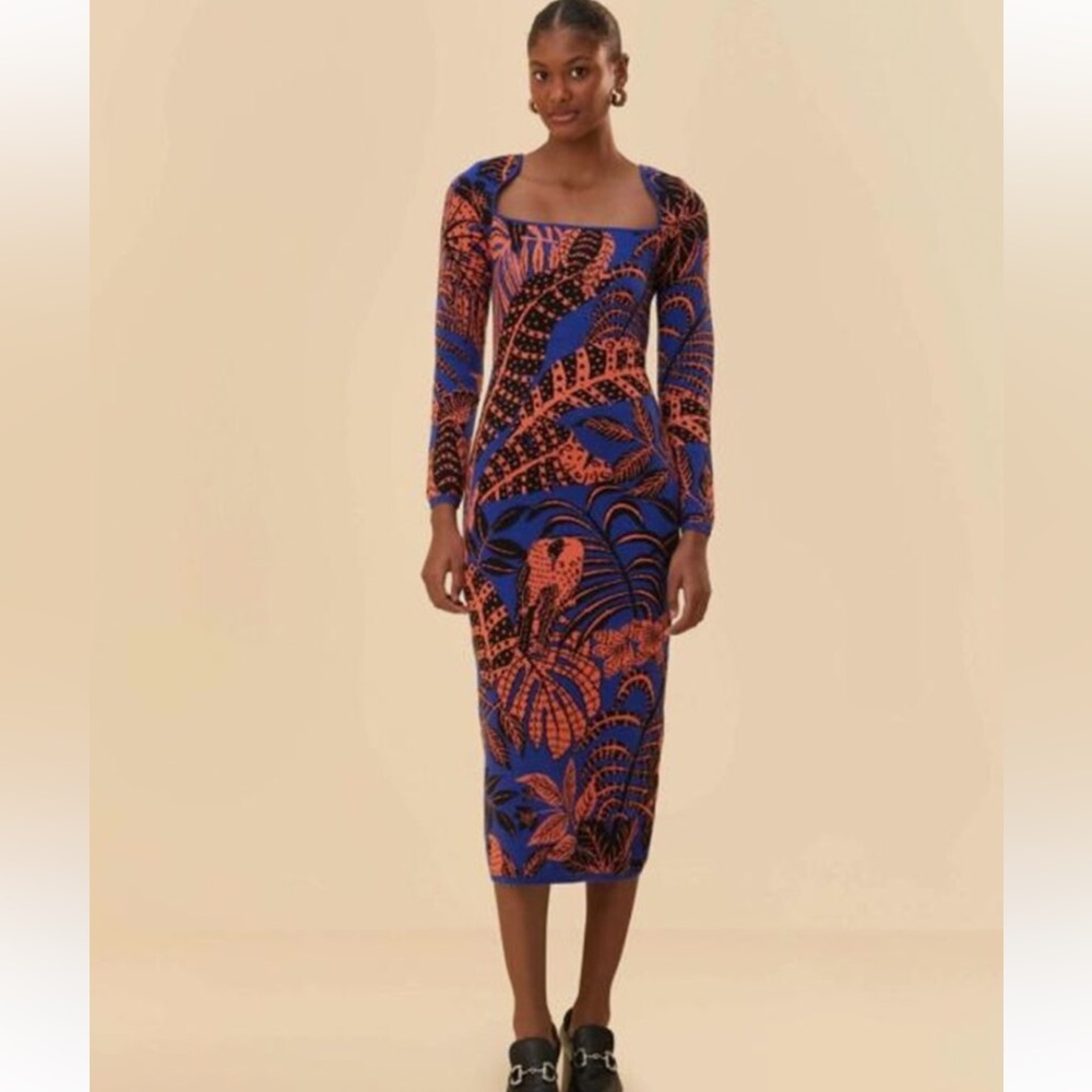 FARM Rio Blue and Orange Printed Square-Neck Midi Dress